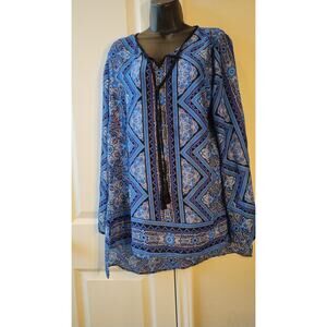 Nine West Blue/Black & white semi sheer Tunic Blouse neck tassel size Large